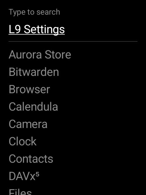 The browse-all-apps screen, opened with digit 0, showing a search field, an 'L9 Settings' entry, and an alphabetical list of every installed app.