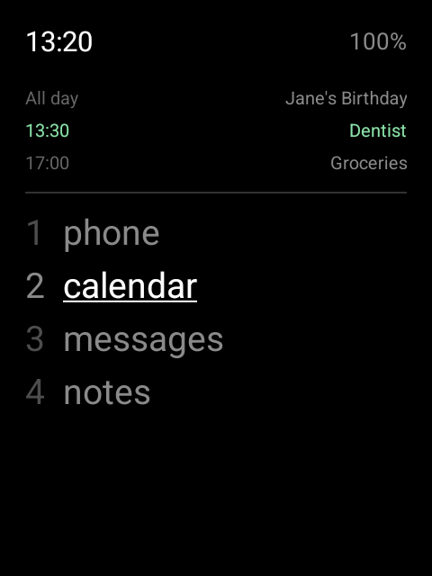 L9 home screen: a clock and battery percentage at top, three calendar entries below with the current one in green, and a numbered app list underneath with 'calendar' selected.