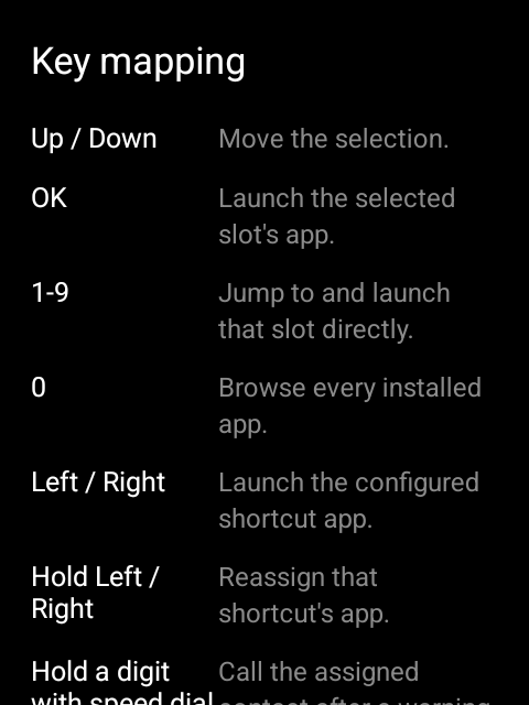 The in-app manual's key mapping page, listing keys like Up/Down, OK, 1-9, 0, Left/Right, and their actions.