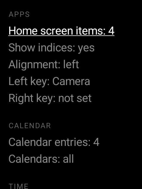 The Settings screen's Apps and Calendar sections, listing home screen item count, index visibility, alignment, left/right key apps, calendar entry count, and calendar selection.